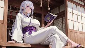 Silver-Haired Miko in Shrine with White Kimono