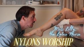 The footboy worships the latex nurse Miss Lilly's  silky NYLONS!!