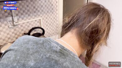 Her mouth gushing with cum while pigtailed flatmate fucks in the kitchen