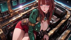 Inside the Sci-fi Train, She Wears a Tight Green Armor, Touching Her Red Lips While Gazing at the Galaxy Through the Porthole.