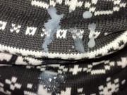 Twink cums on sweater outdoor and shows close up his cum mess