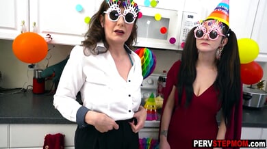 Stepmom Melody Mynx and stepsister Tifa Quinn celebrate his birthday with a shared blowjob