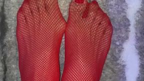 Really sexy Asian legs with red Fishnet stockings with tiny feet and long toes