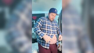 Gainer Piggy Tries to Wear Button Tee-shirt