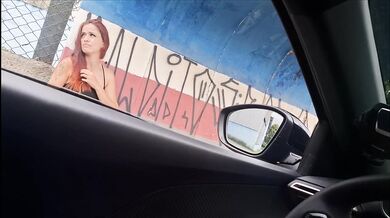Redhead teases on bus stop public fucking herself raw