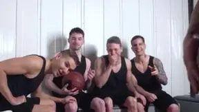 JizzOrgy: Tattooed & piercing jock blowjob cum on the train