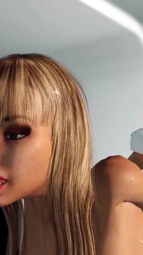 Earth orbit. Sci-fi sex android plays with a hot young blonde
