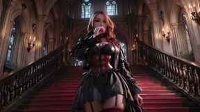 Gothic Redhead Queen! A lavish coronation in the candlelit hall, kneeling with a golden cup and sheer stockings.