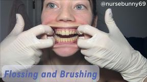 Up Close Flossing and Brushing My Teeth in Bra and Latex Gloves