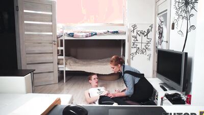 TUTOR4K. Stud lies down on the floor and tutor sucks cock before sex