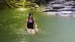 Alexa Cosmic ladyboy swimming at waterfall in tee-shirt and t-t-shirt... 1st waterfall