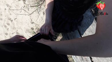 Emo girl first gives blowjob on the beach and then gets fucked at home