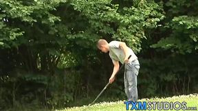 Outdoor gay anal and blowjob foursome with young twinks