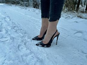 Black classic Stiletto High Heels with no back, 12 cm heels on me and on snow and ice