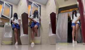 Chinese student moans in public toilet squirt next to urinal
