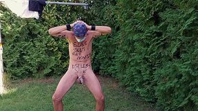 naked pathetic dirty white slave in penis cage striptease at outdoor party humiliating body writing, CMNM