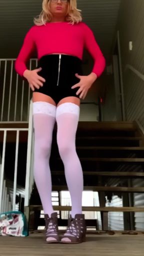 Slutty Public Sissy Outside in High Heels and Thigh Highs