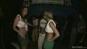 A bunch of hot white teen babes in white tees warm up the crowd