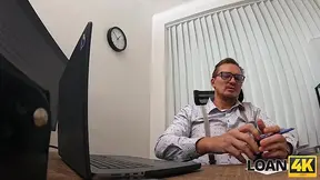 Lucky guy gets wild sex on the desk from a hot redhead over a loan