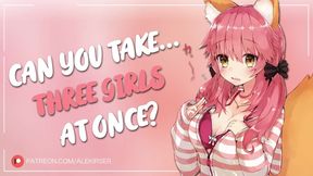 Cute puppy girl harem worships alpha male's cock