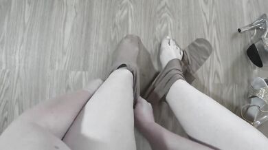 POV. I take off my panties and put on nylon tights and high heels before my date.