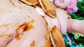 Pancake pussy insertion and stuffing, and eating with fork out of pussy The Bunny Gets The Pancake!