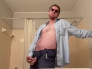 Stroking my Dick and Having an Orgasm with My Testicles Squeezed Through the Fly of My Blue Pants