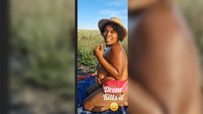 Drone films Bbw massaging her body in nature