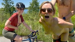 Seductive cyclist treats hubby to show then gets wild hike-in pleasure