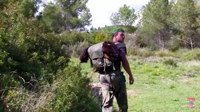 On the Mountain a Redhead Slut Is Riding a Soldier in a Cowgirl Pose