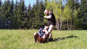 lovely mature lady blows a guy s cock outdoors