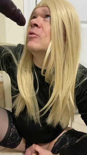 Crossdresser Sucking a BBC Dildo While Talking to Daddy Like a Good Slut