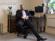 DILF in suit and tie jerks his uncut cock before online meeting cums on formal shoes PREVIEW