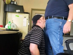 Daddy trucker dumps a quick load in Chubby Boy's mouth...