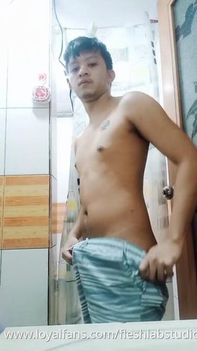 Filipino Twink Edges His Thick Cock and Plays Nipples Until He Unloads
