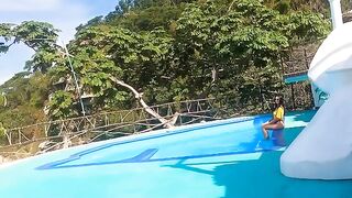 German tourists having pov outside sex by the pool