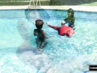 TANGENTOD Honeys in Ebony Catsuits Float Red Latex Encased Figure on Inflatable Rubber Pool Toy