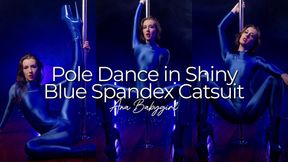 Pole Dance in Shiny Blue Spandex Catsuit