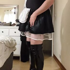 French maid outfit, thigh high boots and satin panties