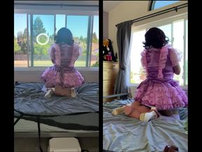 Pink Satin Sissy Maid Rides Her Sex Doll Toy While Locked