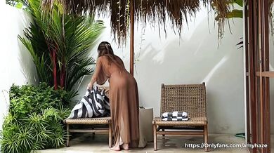 Seductive cleaning in see-through robe with juicy ass and no bra