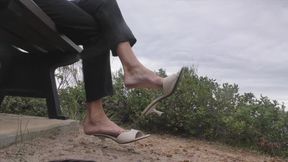 Shoeplay and Dangling with Mid Heel Mules Outdoor