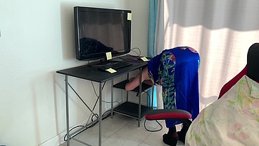 Stepmom gets stuck in a desk and stepson fucks her