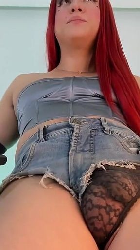 Red Hair Hides Her Hairy Cock in Lace Tights