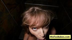 Teen blonde Leila Cove devours and fucks huge cock
