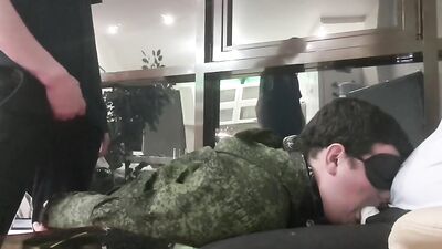 CRAZY HARD BDSM THREESOME -YOUNG MILITARY SLAVE and 2 DOMINS- PISS, SLAP, SPANK and HARD MOUTH FUCK