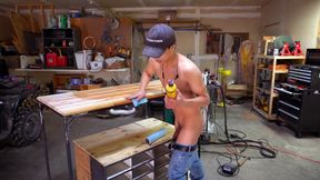 Ass stuffed handy man uses his welder to make a work bench