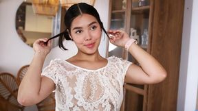 Latina in white Valery Rioss lace panties rubs herself through the fabric