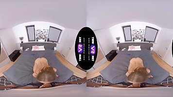 Slim, blonde cock teaser, Lylyta Yung is fucking a friend in a VR style and enjoying it