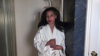 Hairy solo hottie showing off her goodies while showering